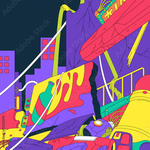 A futuristic cyberpunk cityscape filled with neon lights, destruction, and chaotic technology
