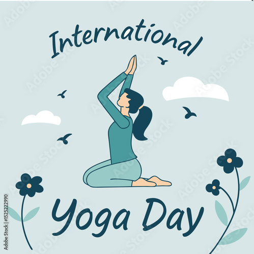 Illustration for international yoga day featuring a woman in prayer pose and stylized elements