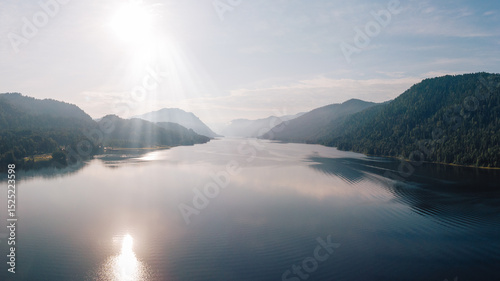 Aerial summer landscape of Lake Teletskoye in Altai Mountains