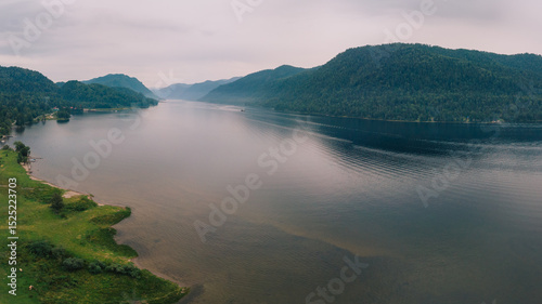 Aerial summer landscape of Lake Teletskoye in Altai Mountains