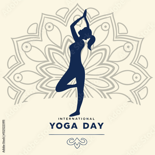 Silhouette of a woman in a tree pose with mandala background for international yoga day event