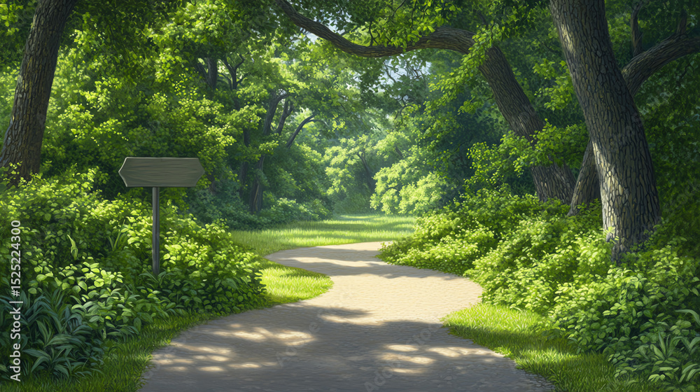 Naklejka premium A serene forest pathway surrounded by lush greenery, inviting peaceful walks and nature exploration.