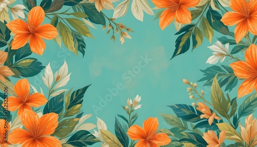 Tropical flower pattern wallpaper backdrop in vibrant orange with copy space.  Style of textured illustrations