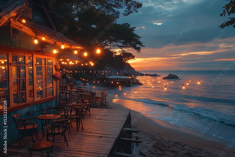 Obraz premium Waterfront café illuminated by string lights high resolution picture