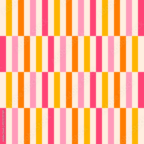 Broken vertical stripes in bright pink, , yellow and orange colours on a light background.	
