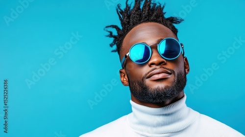 A confident young man sporting stylish sunglasses poses against a vibrant blue backdrop, radiating coolness and modern fashion sensibility in a captivating way.