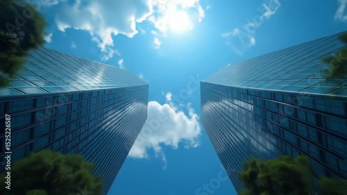 Dynamic View of Modern Skyscrapers Against a Bright Blue Sky with Clouds and Sunlight Creating a Stunning Urban Landscape in Motion