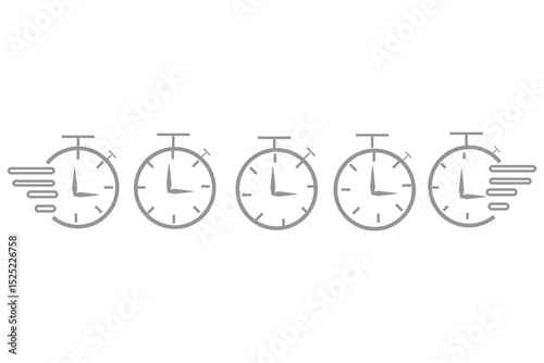 Set of timer clock faces and stopwatch icons. The countdown timer displays hours and minutes. Stopwatch shows intervals ranging .  Kitchen timer icon with minutes. Vector