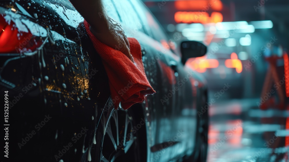 Obraz premium A man cleaning car with microfiber cloth. Car wash background.