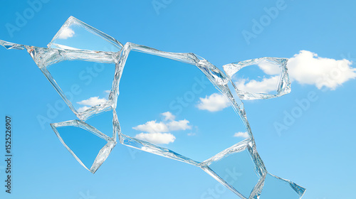 An artistic representation of shattered glass creating a unique pattern against a bright blue sky, evoking creativity and imagination.
