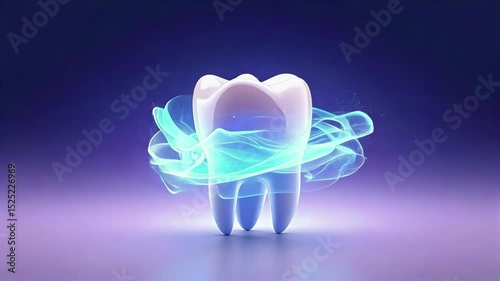 Visualization of a Tooth Surrounded by Futuristic Glowing Swirls Representing Dental Health and Hygiene in a High-Tech, Dynamic Animation
