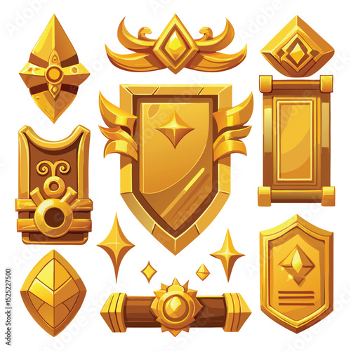 Golden heraldic shields with crowns, stars, and ribbons, a vintage emblem design vector set