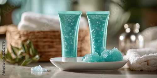 Tubes of cleansing gel with spa-like aesthetic