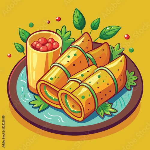 Fresh sweet fruit cake with berries, breakfast, and healthy food illustration