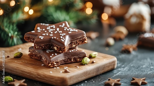 Delectable chocolate cookies shaped like stars, topped with exquisite icing and nutty details, showcasing festive charm and inviting indulgence for sweet-toothed fans.
