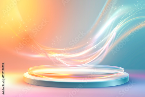 Glowing round podium with soft pastel light waves and sparkles on a dreamy gradient background.