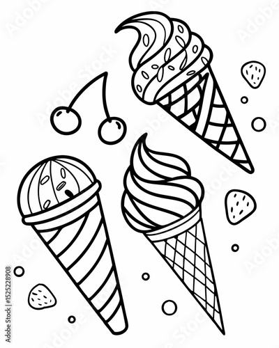 Vector art, outline style, gelato scoops, different textures hinted by line variation, white background.