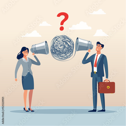Business communication problem illustration with a woman and man using megaphones