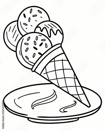Vector art, outline style, gelato scoops, different textures hinted by line variation, white background.