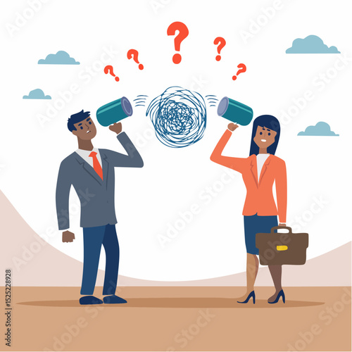 Business colleagues communicating with tin can phones, illustrating communication problems