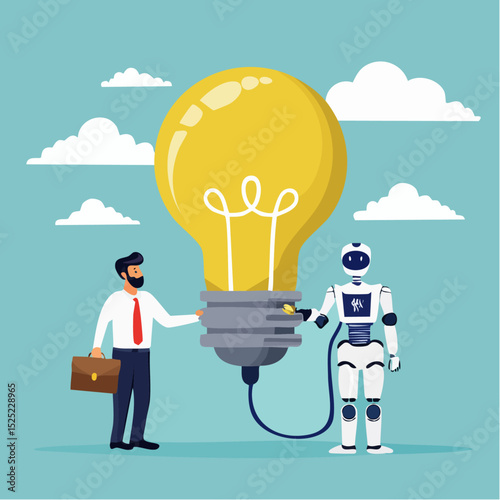 Businessman and robot working together to illuminate a giant lightbulb illustration