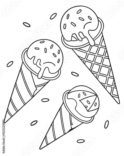 Vector art, outline style, gelato scoops, different textures hinted by line variation, white background.