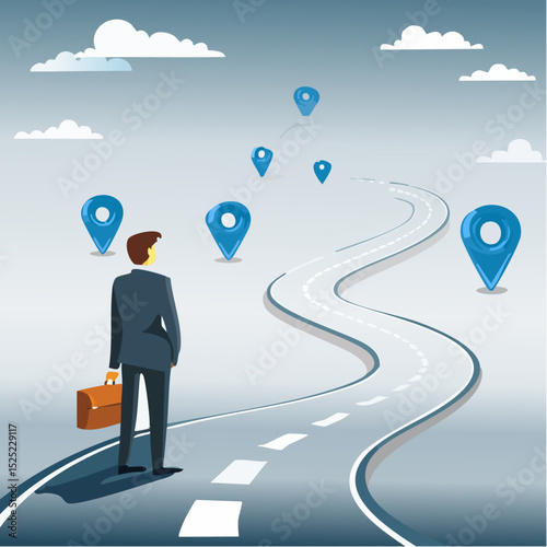 Businessman standing on a road with location pins, symbolizing career path and journey