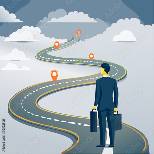 Businessman standing on a winding road with map markers, concept of business journey