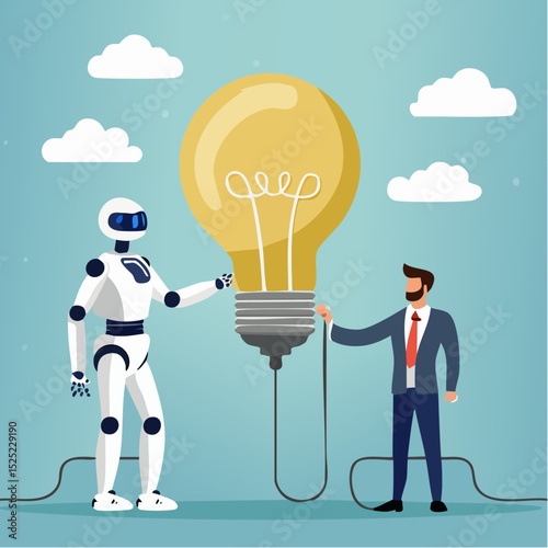 Illustration of a robot and a businessman collaborating on an idea with a lightbulb