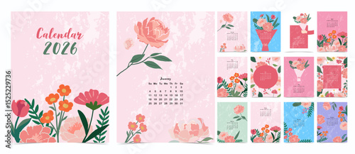 2026 table yearly calendar week start on Sunday with flower that use for vertical digital and printable A4 A5 size