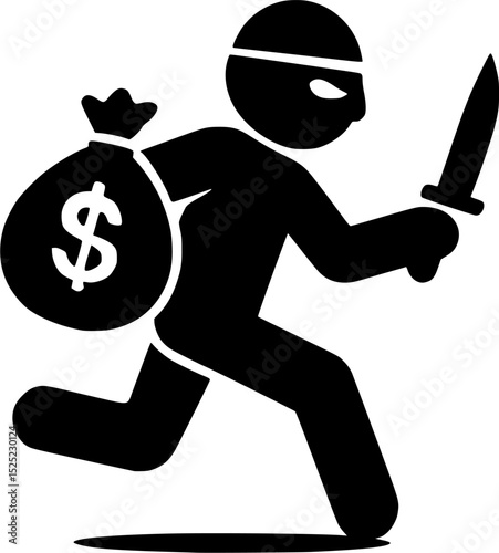 Dynamic vector silhouette of a masked thief running with money and a knife. Conveying crime, robbery, and danger, it's ideal for security, law enforcement, and fraud-related projects.