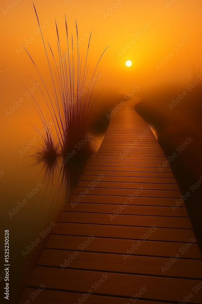 Obraz premium Wooden Boardwalk Through Misty Wetlands at Sunrise with Tall Grasses, Serene Atmosphere, and Warm Golden Morning Light
