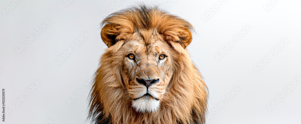 Fototapeta premium A lion with a piercing gaze and flowing mane, highlighted by dramatic chiaroscuro lighting against a white background.