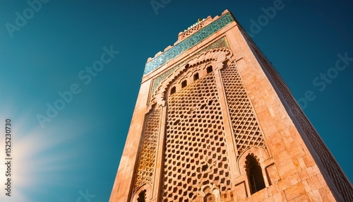 sunlight illuminating intricate details of the hassan ii mosque minaret against a clear sky showcasing moroccan architecture