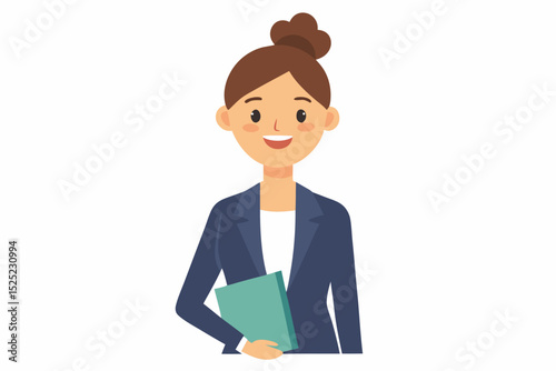 Woman in business attire holding a folder and smiling, hair in a bun, white background