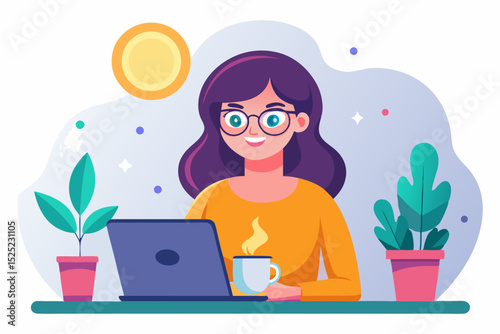 Woman with glasses at white table holding coffee cup, smiling, laptop nearby, soft and bright
