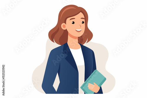Business woman in minimalist suit looking sideways with a gentle smile, white background, holding a notebook