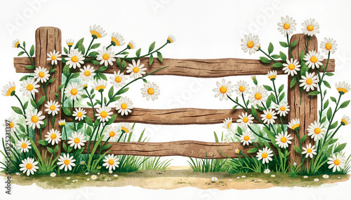 Wooden fence adorned with blooming daisies and greenery  countryside travel marketing