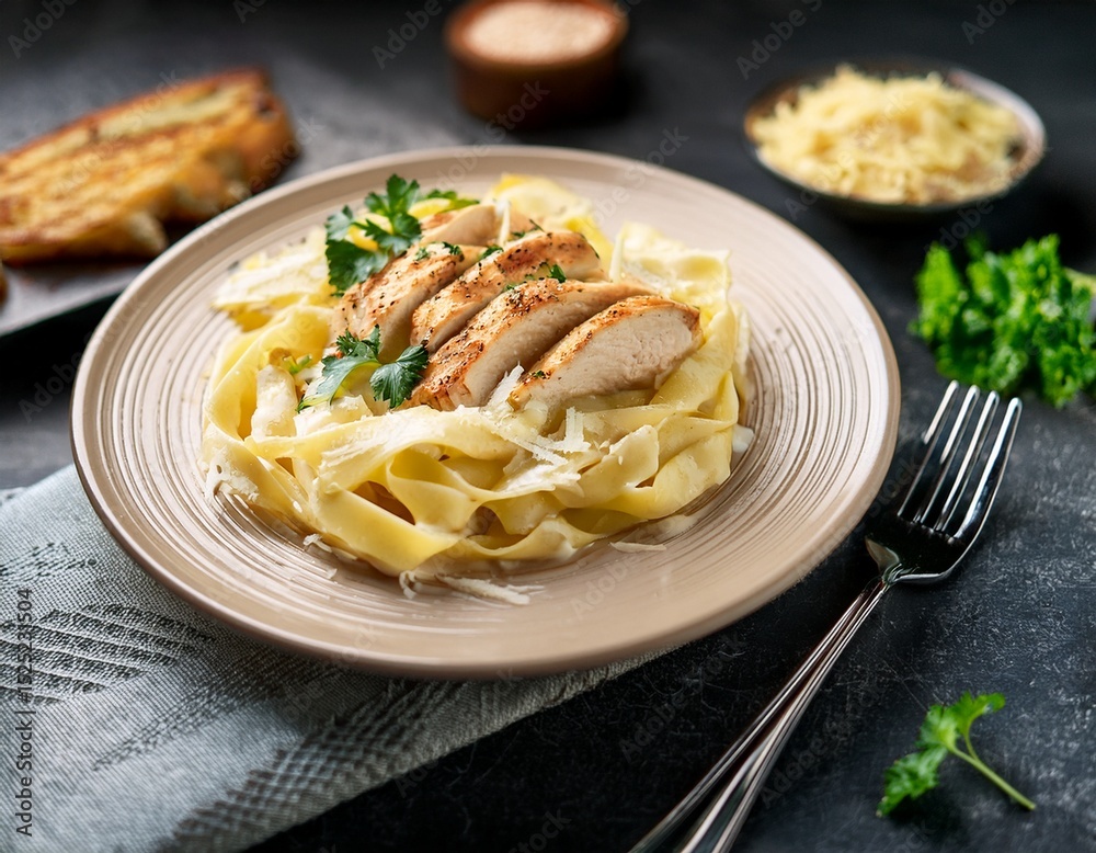 tempting gourmet chicken alfredo pasta with creamy alfredo sauce tender grilled chicken al dente fettuccine parmesan cheese shavings and fresh parsley garnish italian cuisine food photography tempting gourmet chicken alfredo pasta with creamy alfredo sauce tender grilled chicken al dente fettuccine parmesan cheese shavings and fresh parsley garnish italian cuisine food photography