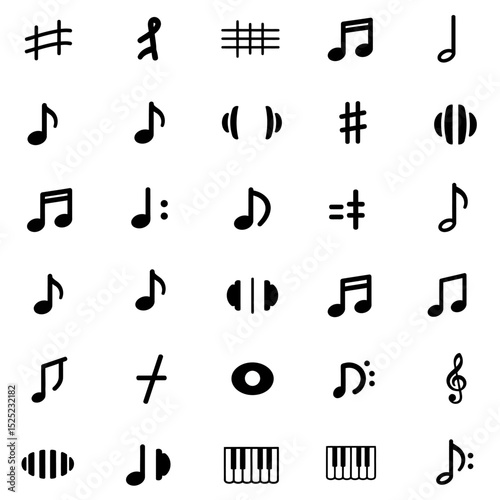 Set of all music notes symbols, flat design vector. Isolated hand-drawn music note icons
