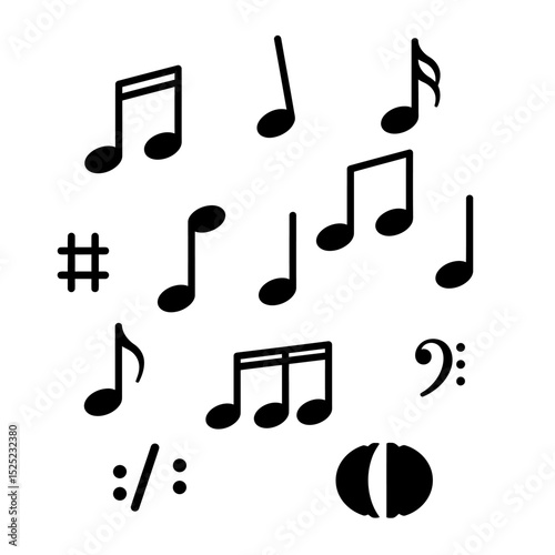 Set of all music notes symbols, flat design vector. Isolated hand-drawn music note icons