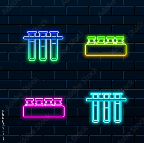 chemical test tube chemical reaction. neon.Scientific rack with test tubes and chemical liquid. neon style.laboratory glassware icon.