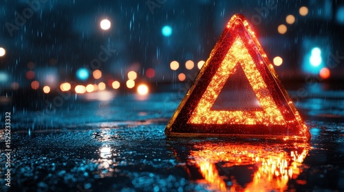 A reflective warning triangle placed on a wet street during rain, highlighting safety measures and the urgency of roadside awareness in adverse conditions.