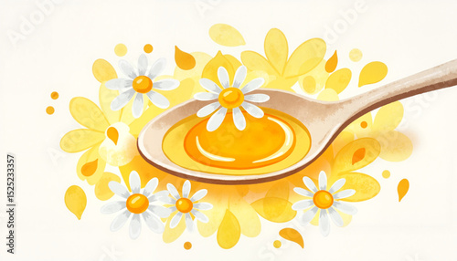 Honey with daisies in a wooden spoon on a light background  for health blogs