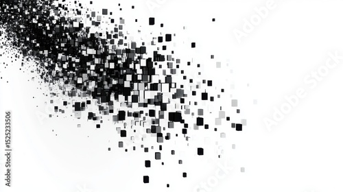 Abstract digital field with square pixels fading from opaque to transparent on white