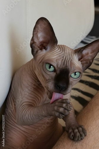 Sphynx cat grooming itself while relaxing on a couch in a contemporary living room environment