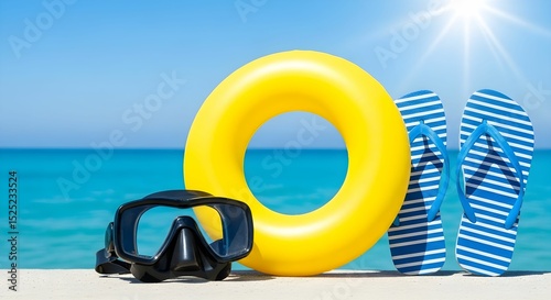Bright summer beach accessories including snorkeling gear and a float ring by the turquoise ocean