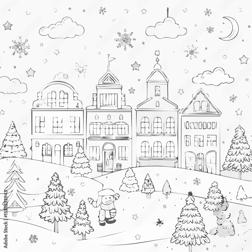 Fototapeta premium A charming illustration depicts a winter landscape with quaint buildings, falling snowflakes, a snowman, and trees, creating a festive holiday scene.
