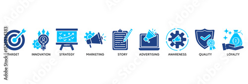 Branding icon set vector illustration concept relate to target, innovation, strategy, marketing, story, advertising, awareness, quality and loyalty
