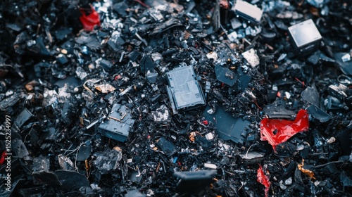 Close-up of shattered computer components among plastic e-waste in urban dump